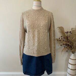 LOFT Tan Pearl Embellished Cable Knit Sweater - Size MP Medium Petite